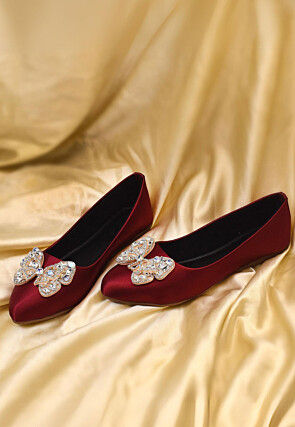 Embellished Synthetic Satin Women Ballerinas in Maroon