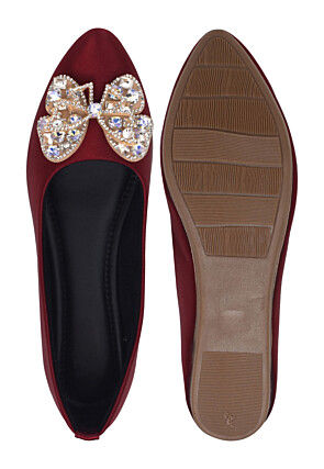 Embellished Synthetic Satin Women Ballerinas in Maroon