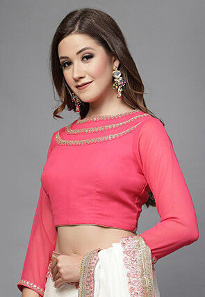 Embellished Georgette Back Tie Up Blouse in Pink