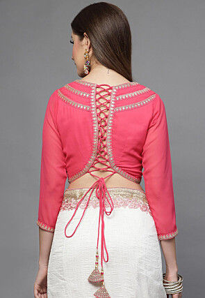 Embellished Georgette Back Tie Up Blouse in Pink