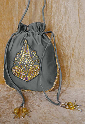 Embellished Taffeta Silk Potli Bag in Grey