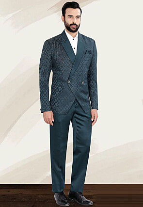 Embellished Terry Rayon Jacquard Suit Set in Teal Blue
