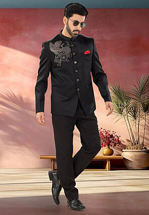 Embellished Terry Rayon Jodhpuri Suit in Black
