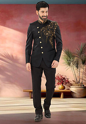 Embellished Terry Rayon Jodhpuri Suit in Black