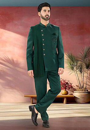 Embellished Terry Rayon Jodhpuri Suit in Green