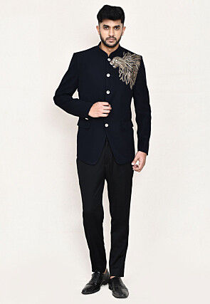 Embellished Terry Rayon Jodhpuri Suit in Navy Blue
