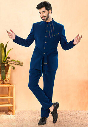 Embellished Terry Rayon Jodhpuri Suit in Teal Blue