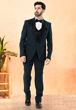Embellished Terry Rayon Tuxedo in Dark Teal Blue