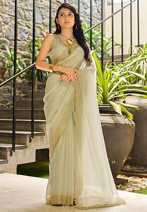 Embellished Tissue Saree in Dusty Green