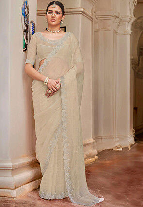 Embellished Tissue Scalloped Saree in Beige