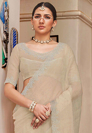 Embellished Tissue Scalloped Saree in Beige