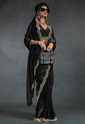 Embellished Tissue Scalloped Saree in Black