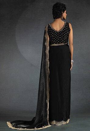Embellished Tissue Scalloped Saree in Black