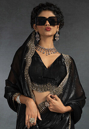 Embellished Tissue Scalloped Saree in Black
