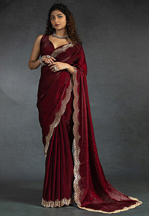 Embellished Tissue Scalloped Saree in Maroon