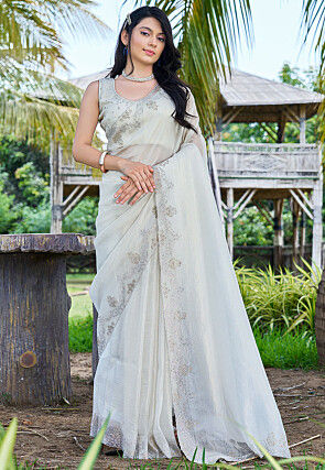 Embellished Tissue Scalloped Saree in Off White