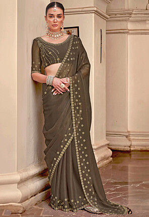 Embellished Tissue Scalloped Saree in Olive Green
