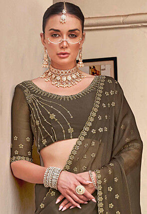 Embellished Tissue Scalloped Saree in Olive Green