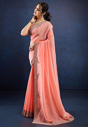 Embellished Tissue Scalloped Saree in Peach