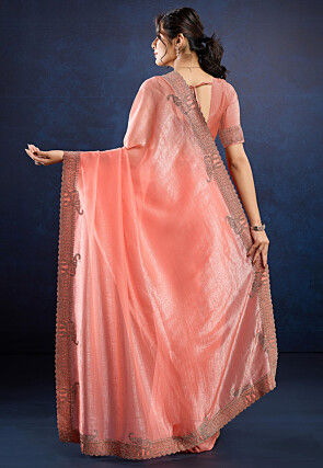 Embellished Tissue Scalloped Saree in Peach