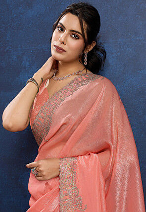 Embellished Tissue Scalloped Saree in Peach