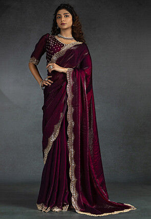 Embellished Tissue Scalloped Saree in Purple