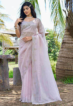 Embellished Tissue Scalloped Saree in Purple