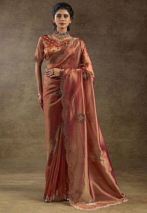 Embellished Tissue Scalloped Saree in Rust
