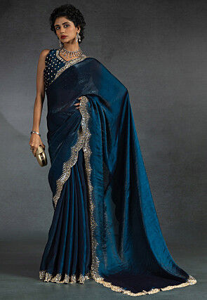 Embellished Tissue Scalloped Saree in Teal Blue
