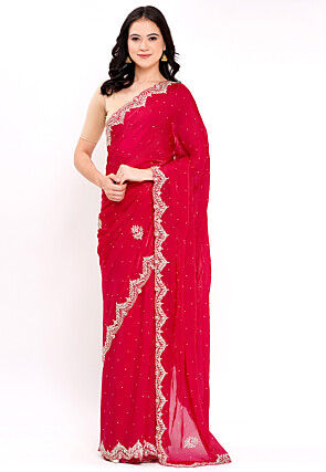 Hand Embroidered Tissue Silk Saree in Fuchsia