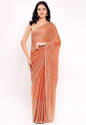 Hand Embroidered Tissue Silk Saree in Pastel Orange