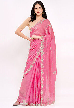 Hand Embroidered Tissue Silk Saree in Pink