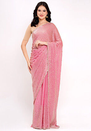Hand Embroidered Tissue Silk Saree in Pink