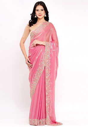 Hand Embroidered Tissue Silk Saree in Pink