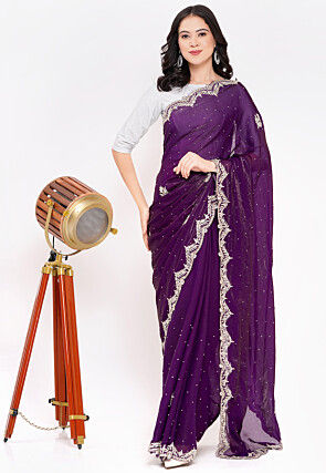 Hand Embroidered Tissue Silk Saree in Purple