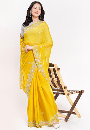 Hand Embroidered Tissue Silk Saree in Yellow