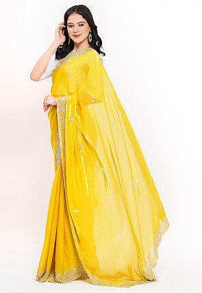 Hand Embroidered Tissue Silk Saree in Yellow