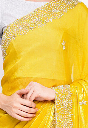 Hand Embroidered Tissue Silk Saree in Yellow
