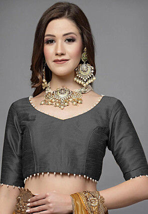 Embellished Trim Art Silk Blouse in Grey