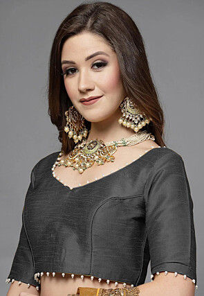 Embellished Trim Art Silk Blouse in Grey