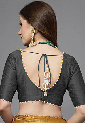 Embellished Trim Art Silk Blouse in Grey