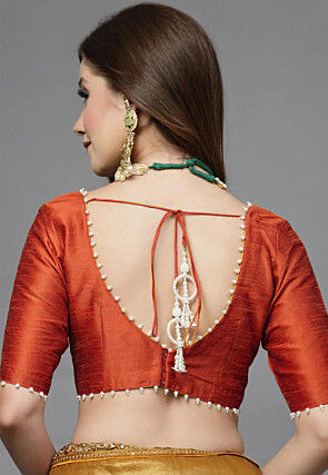 Embellished Trim Art Silk Blouse in Rust