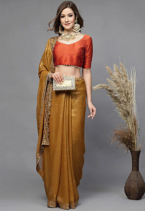 Embellished Trim Art Silk Blouse in Rust