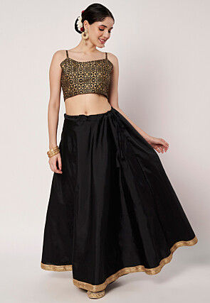 Embellished Trim Art Silk Skirt in Black