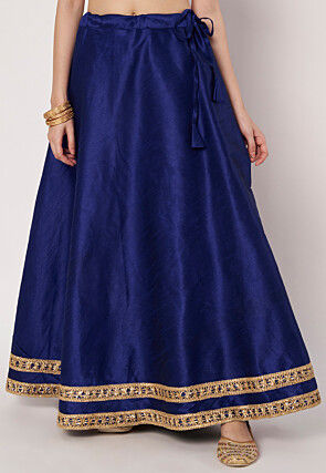 Embellished Trim Art Silk Skirt in Navy Blue