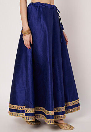 Embellished Trim Art Silk Skirt in Navy Blue
