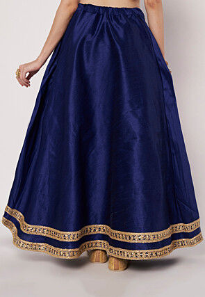 Embellished Trim Art Silk Skirt in Navy Blue