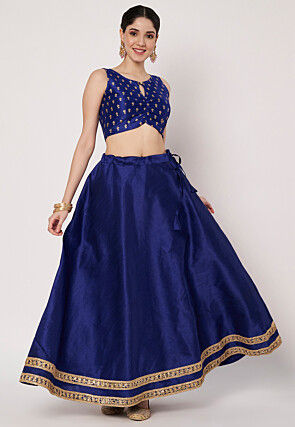 Embellished Trim Art Silk Skirt in Navy Blue