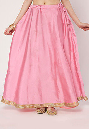 Embellished Trim Art Silk Skirt in Pink