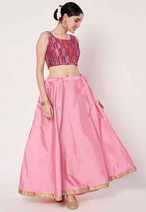 Embellished Trim Art Silk Skirt in Pink